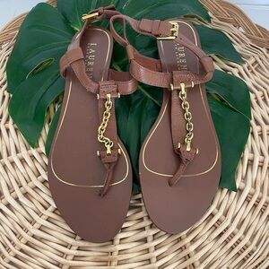 Lauren Ralph Lauren Brown leather with gold chain detailing sandals size 8